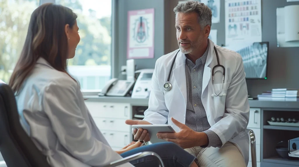 Pain management doctor consulting with patient about nerve stimulation treatment, physician in white coat showing spine model or tablet with medical images, patient sitting comfortably in consultation chair, modern medical office setting, natural window light